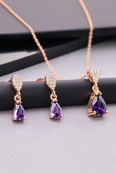 LINTERNA 925 Ayar Gümüş Ametist Taşlı Damla Kolye Küpe Set
