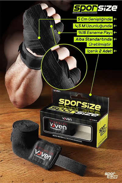 Sporsize Voven Boxing Muay Thai Bandage Black Boxing Bandage Muay Thai Bandage Hand Wrap Black 4.5 Meters
