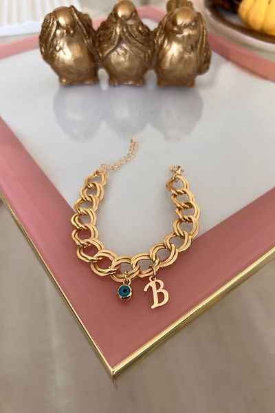 Trendy Butik حرف B مع سوار سلسلة مزدوجة معلقة على شكل عين الشر