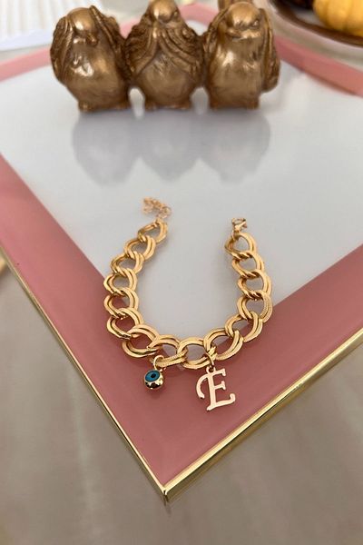 Trendy Butik حرف E مع سوار سلسلة مزدوجة معلقة على شكل عين الشر