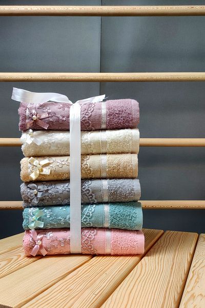 Ayyıldız Tekstil 6-Piece 3D Curly Laced 50x90cm Towel Set | 100% Cotton | Hand and Face Towel | Gift Towel