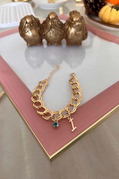 Trendy Butik حرف I مع سوار سلسلة مزدوجة معلقة على شكل عين الشر