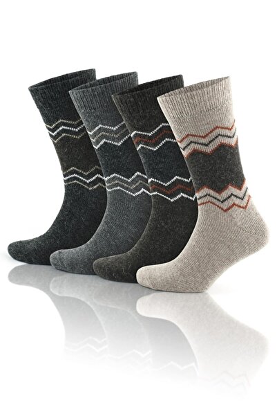 Alpaka Yünlü Doğal Sıcak 4 Çift Zigzag Desenli Esnek Unisex Termal Çorap