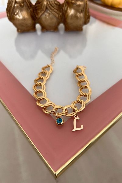 Trendy Butik حرف L مع سوار سلسلة مزدوجة معلقة بعين الشر