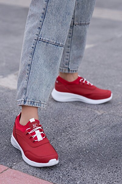 BOUIS Women's Red White Elastic Mesh Comfort Sole Sneaker Faux Leather Sock Model Sports Shoes