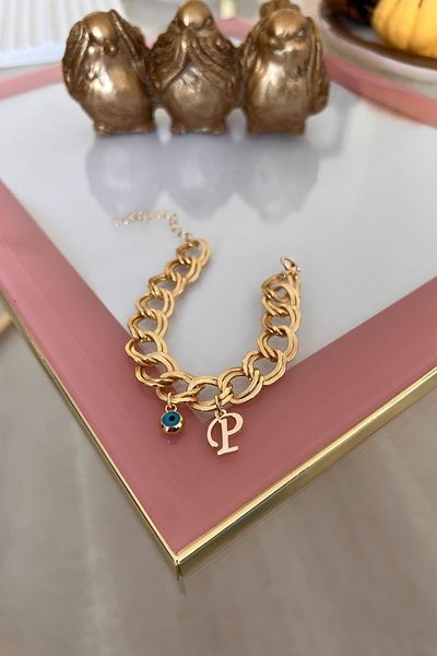 Trendy Butik حرف P مع سوار سلسلة مزدوجة معلقة على شكل عين الشر