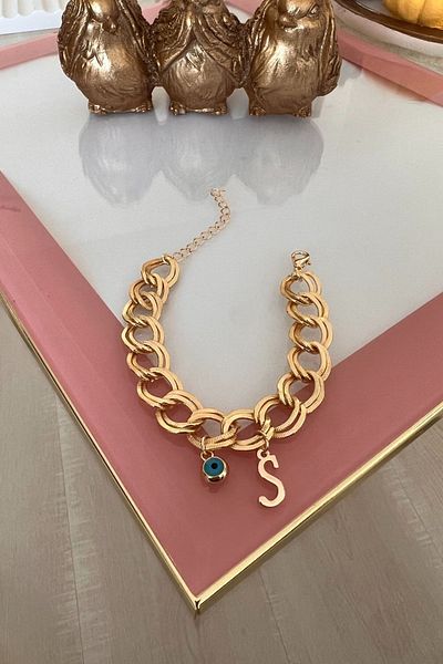 Trendy Butik حرف S مع سوار سلسلة مزدوجة معلقة على شكل عين الشر