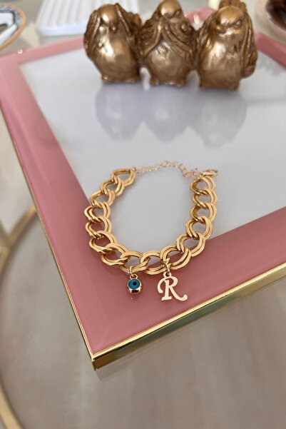 Trendy Butik حرف R مع سوار سلسلة مزدوجة معلقة على شكل عين الشر