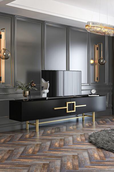 Givayo Mobilya Ashiva Tv Ünitesi 180 Cm Siyah Altın