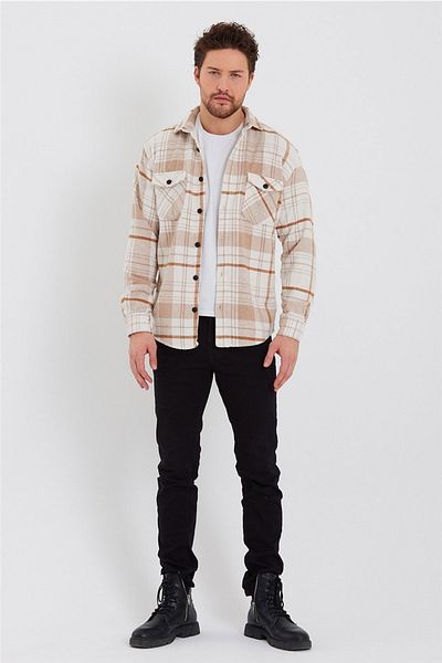 Tarz Cool Cămașă lumberjack pentru bărbați, alb-ofertă-portocaliu, cu clapetă cu buzunare dublu, slim fit-odg001r9500s