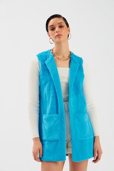 Sateen Pocket Detailed Plush Vest - Blue