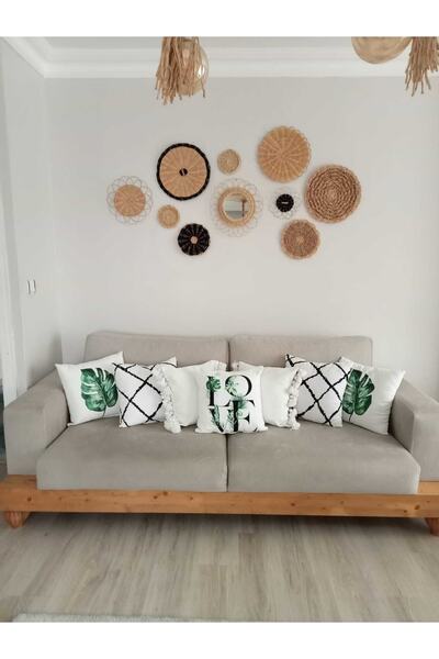 gudelidekor Hasır Bambu Rattan 1 Ayna 9 Dekor 10 Parça Duvar Dekoru