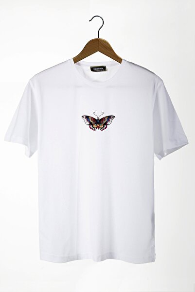 viptasarımtshirt Ανδρικό μπλουζάκι με στάμπα πεταλούδας στο μπροστινό μέρος, λευκό Crew λαιμόκοψη