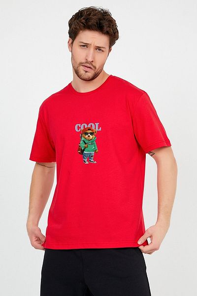 Pasage Ανδρικό κόκκινο oversize βαμβακερό μπλουζάκι - Cool αρκουδάκι με στάμπα, λαιμόκοψη