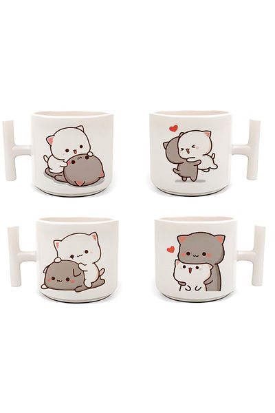 GünayStore Double Turkish Coffee Cup & Espresso Mochi Cat 4-Piece White T Cup Set 4 Pieces