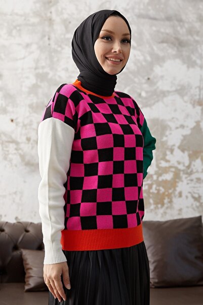 InStyle Monsa Square Plaid Pattern Knitwear Sweater - Fuchsia