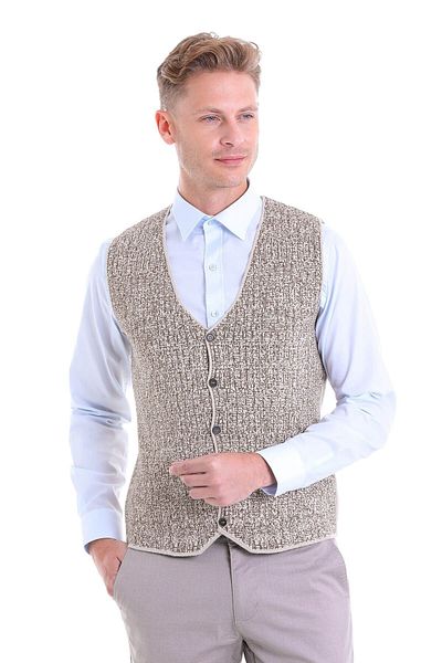 Hatemoğlu Beige Comfort Fit Patterned V-Neck Wool Classic Knitwear Vest