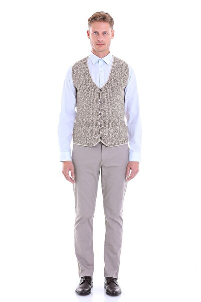 Hatemoğlu Μπεζ Comfort Fit Μάλλινο κλασικό πλεκτό γιλέκο με λαιμόκοψη V