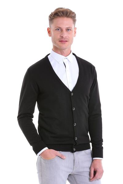 Hatemoğlu سترة صوفية محبوكة من الصوف ذات رقبة على شكل حرف V باللون الأسود