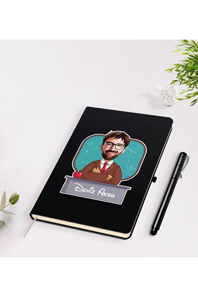 Bk Gift Gift Kişiye Özel Erkek Öğretmen Karikatürlü Siyah Defter Kalem Seti - 3