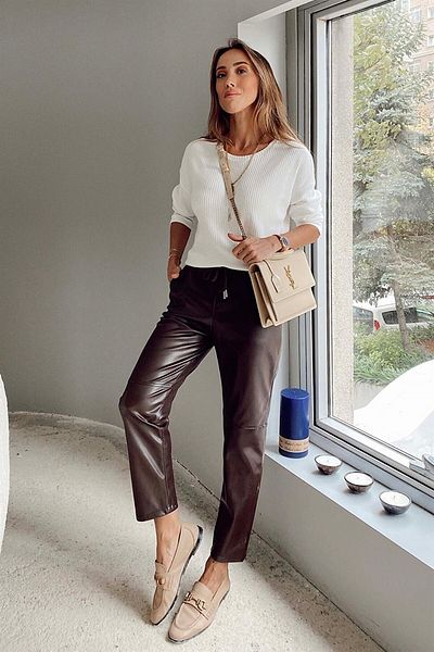 ORZUQLIFE Waist Lace Knee Seam Detail Leather Trousers