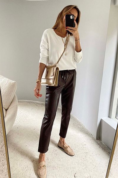 ORZUQLIFE Waist Lace Knee Seam Detail Leather Trousers