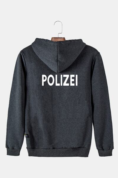 COLLIE Hanorac unisex cu glugă afumată, cu imprimeu Polizei, slim fit, buzuna...