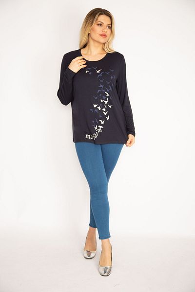 Şans Women's Large Size Navy Blue Print Detailed Viscose Blouse 65n30457
