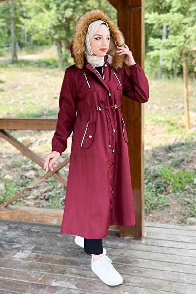 Modamihram Kapüşonlu Fermuarlı Mont Bordo 10349
