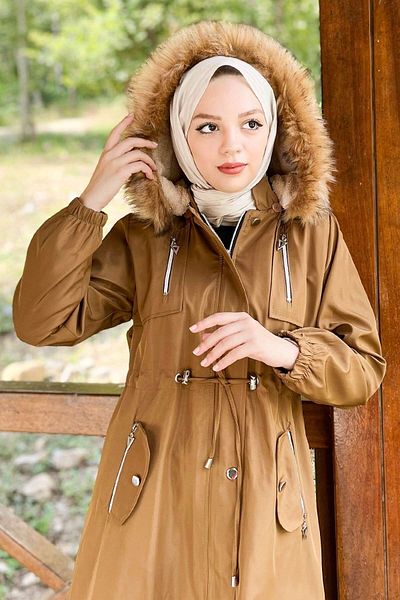 Modamihram Hooded Zippered Coat Tan 10349