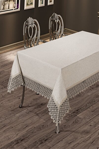 scarlet home collection Flower Simli Keten Fransız Dantelli Masa Örtüsü