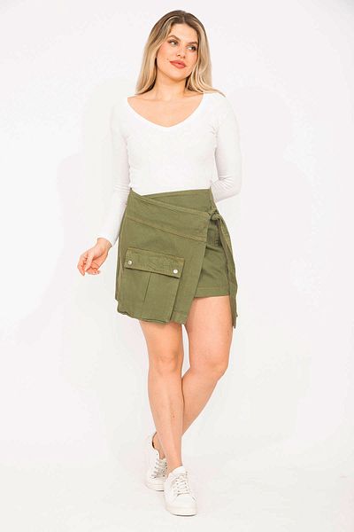 Şans Női nagy méretű, khaki gabardin szövetből készült, zsebes derék szoknya 65n35278