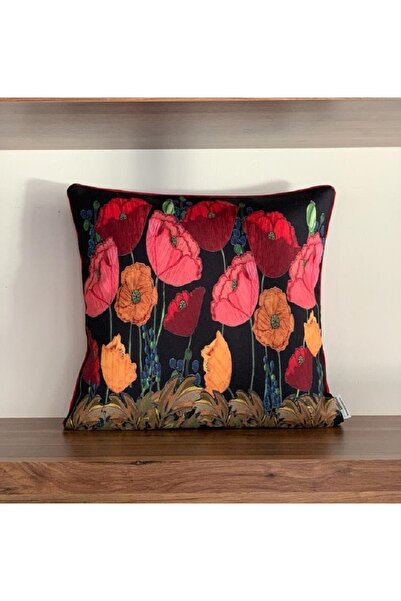 KIRLENTİM H1018-4343 غطاء وسادة مطبوع رقميًا على الجانب باللون الأسود مع حواف مضلعة