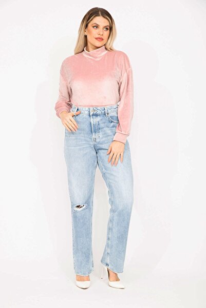 Şans Γυναικείο μεγάλου μεγέθους μπλε τζιν με σχισμένο ψηλόμεσο τζιν 65n35284