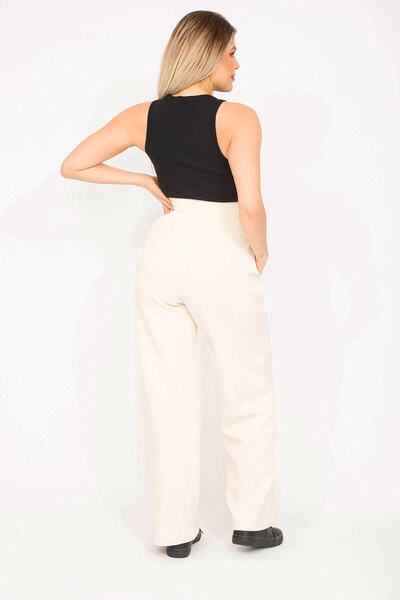 Şans Women's Beige Lycra Scuba Fabric Trousers with Wide Elastic Waist and Iron Mark Sewing Detail 65n35275