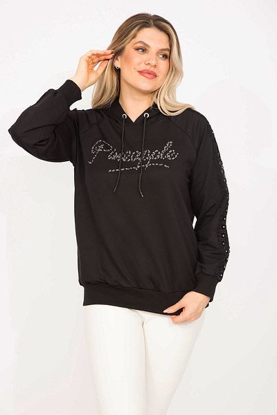 Şans Women's Large Size Black Stone and Lace Detailed Hooded Sweatshirt 65n35309