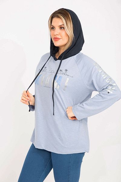 Şans Women's Large Size Blue Glitter Printed Hooded Tunic 65n35300