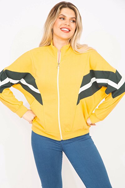 Şans Women's Large Size Yellow 2 Thread Fabric Front Zipper and Stripe Detailed Sweatshirt 65n35299