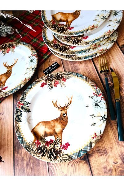 CASA DE BELLA Geyikli Christmas Patterned Porcelain Serving Plate for 6 People 25cm