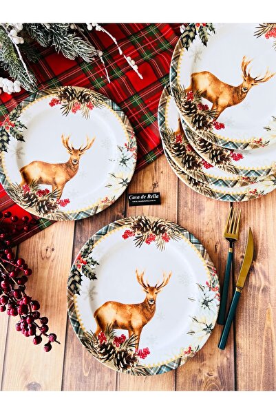 Genel Markalar Geyikli Yılbaşı Desenli 6 Kişilik Porselen Servis Tabağı 25cm