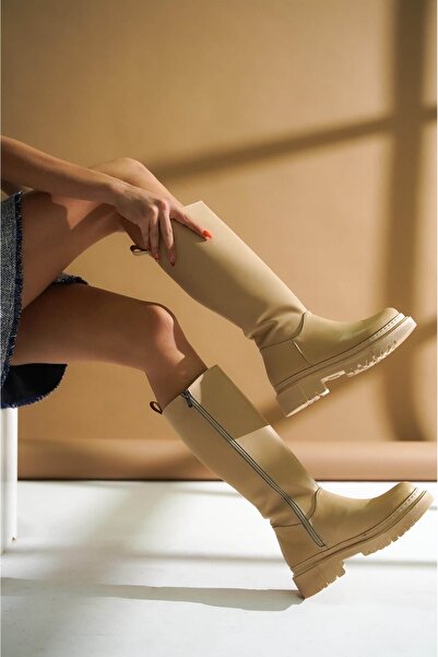 DİVOLYA Blanca Nude Leather Pull-On Casual Women's Boots