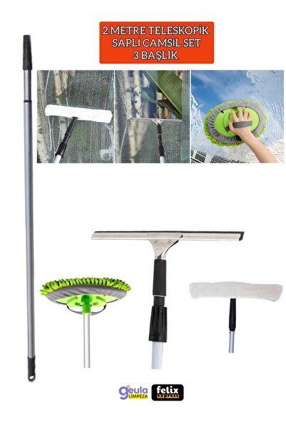 AYLA STAND Teleskopik Saplı Cam Silme Aparatı Çok Başlıklı Set Mikrofiberli