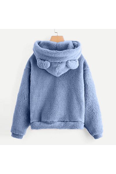 Mad&Calf Teddy de pluș albastru pentru femei - Hanorac cu glugă cu umăr și urechi