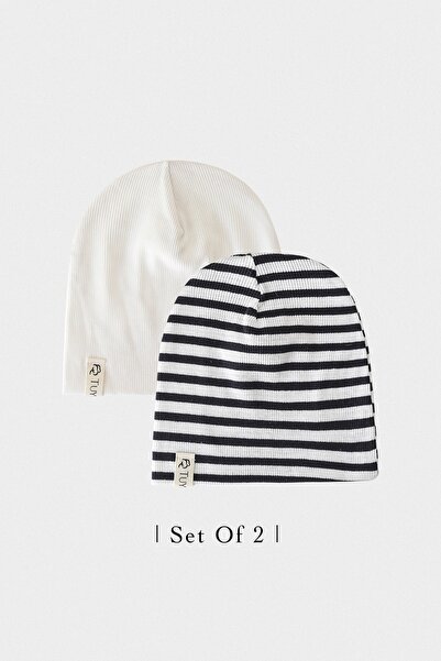 Doğan Collection Ecru - Striped 2-Piece Rib Beanie