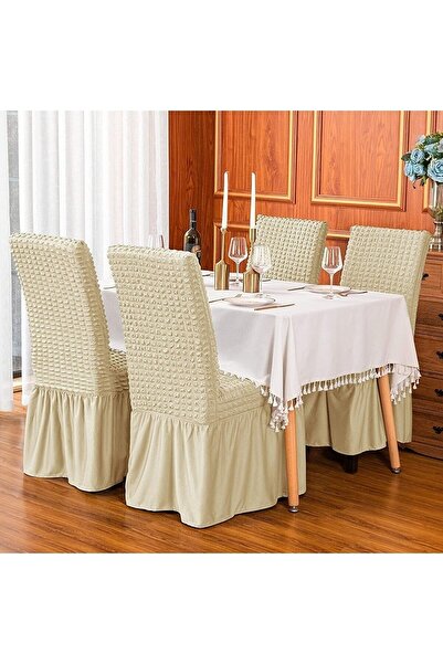 BASHTUGH TİCARET Bashtugh Sandalye Kılıfı Bürümcük Etekli Lastikli Yıkanabilir Standart Sandalye Örtüsü 6 Adet,