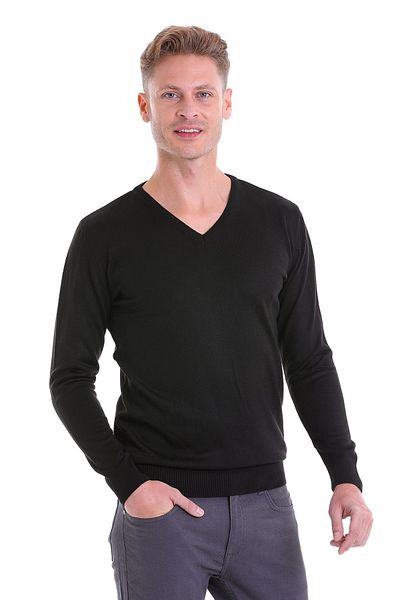 Hatemoğlu Black Comfort Fit Plain V-Neck Woolen Sweater