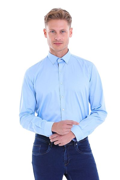 Hatemoğlu Cămașă clasică din satin, cu mânecă lungă, cu guler subțire, uni, 100% bumbac