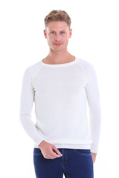 Hatemoğlu Ecru Regular Fit Patterned Crew Neck Wool Knitwear Sweater