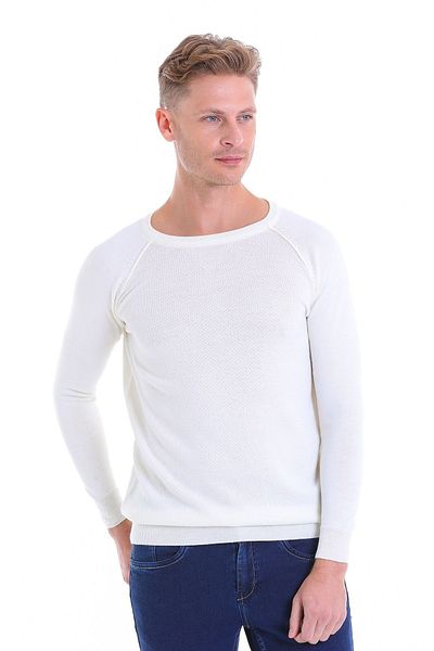 Hatemoğlu Ecru Regular Fit Patterned Crew Neck Wool Knitwear Sweater