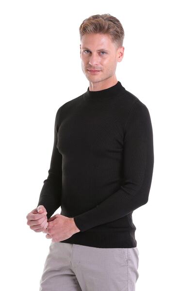 Hatemoğlu Μαύρο εφαρμοστό κοτλέ Πουλόβερ από μαλλί με μισό ζιβάγκο